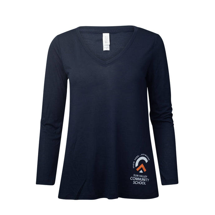 Bella Canvas Flowy Long-Sleeve V-Neck T-Shirt in Navy or White